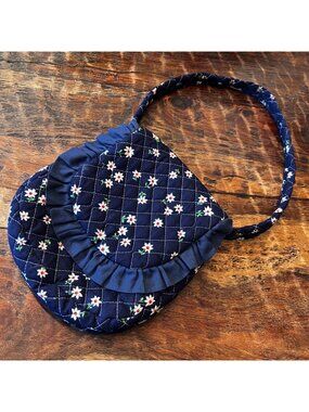 Handmade Quilted Cottagecore Bag With Ruffle In Navy Blue & White Daisies